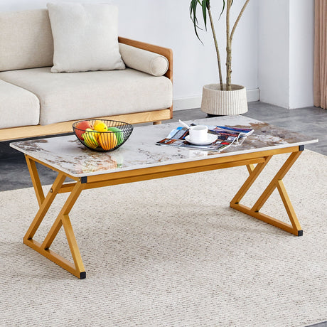 Coffee Table With A Natural And Smooth Marble Pattern On The Surface - Gold