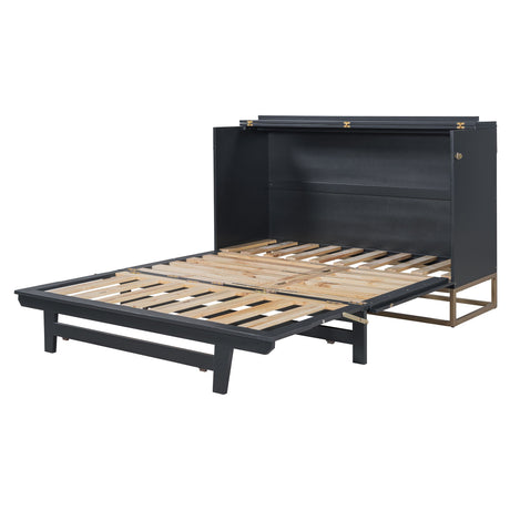 Queen Murphy Bed With Frosted Glass Doors Design, Fake Drawers, Metal Legs - Black