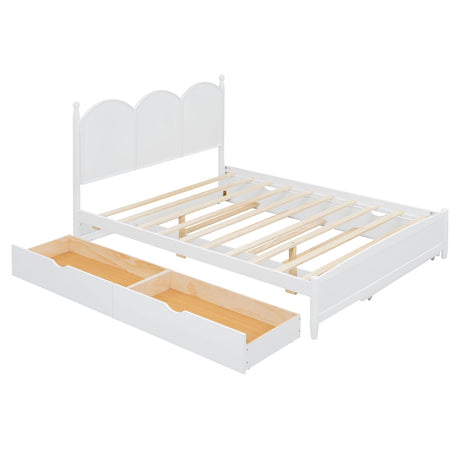 Queen Size Platform Bed With With 2 Big Drawers, Twin Long Size Trundle - White