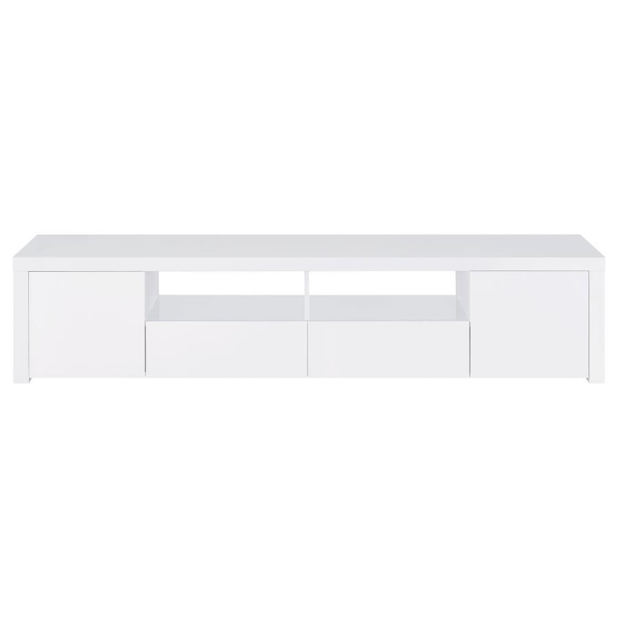Jude 2 Door Engineered Wood TV Stand with High Gloss White Finish, Open Shelves & Soft-Close Drawers – Modern Media Console for Living Room Storage