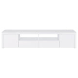 Jude 2 Door Engineered Wood TV Stand with High Gloss White Finish, Open Shelves & Soft-Close Drawers – Modern Media Console for Living Room Storage