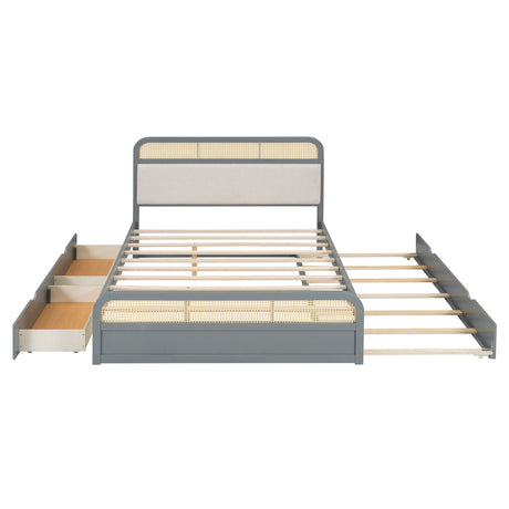 Queen Size Platform Bed With Trundle And 2 Drawers - Gray