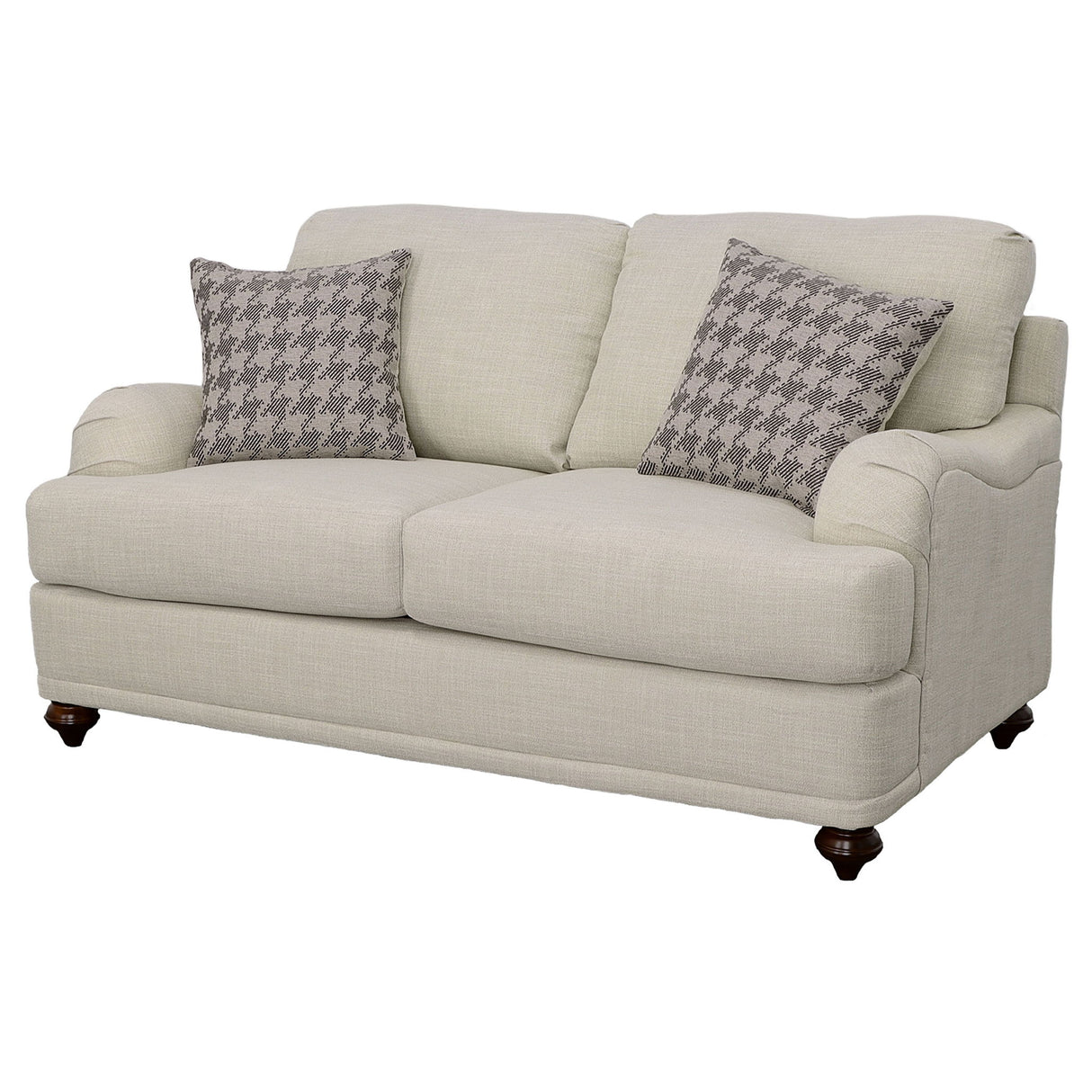 Glenn Upholstered English Arm Loveseat, Light Gray Linen-Like Fabric, Reversible Cushions, Espresso Bun Legs, Farmhouse Style, Includes Accent Pillows