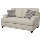 Glenn Upholstered English Arm Loveseat, Light Gray Linen-Like Fabric, Reversible Cushions, Espresso Bun Legs, Farmhouse Style, Includes Accent Pillows