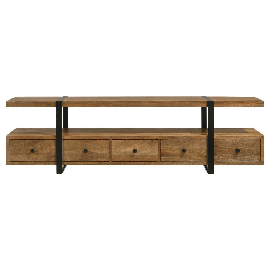 Otto 5-Drawer Mango Wood TV Stand Media Console in Brown with Gunmetal Legs, Floating Shelf, Contemporary Storage for TVs up to 75", Modern Living Room