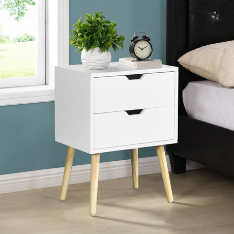 Mid Century Modern Side Table With 2 Drawers And Rubber Wood Legs - White