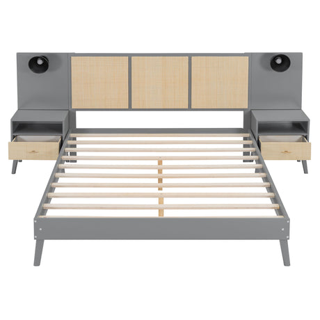 Queen Size Bed Frame With 2 Nightstands Elegant Design With Lamps - Gray