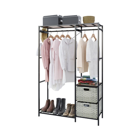 Garment Rack With Shelves, 2 Wicker Drawers, 4 Hooks, Organizer