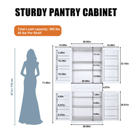 Farmhouse Style Pantry Cabinet With Drawer 2 Cabinets & 6 Door Shelves Adjustable Shelves Freestanding Cupboard - White