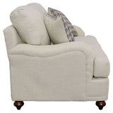 Glenn Upholstered English Arm Loveseat, Light Gray Linen-Like Fabric, Reversible Cushions, Espresso Bun Legs, Farmhouse Style, Includes Accent Pillows