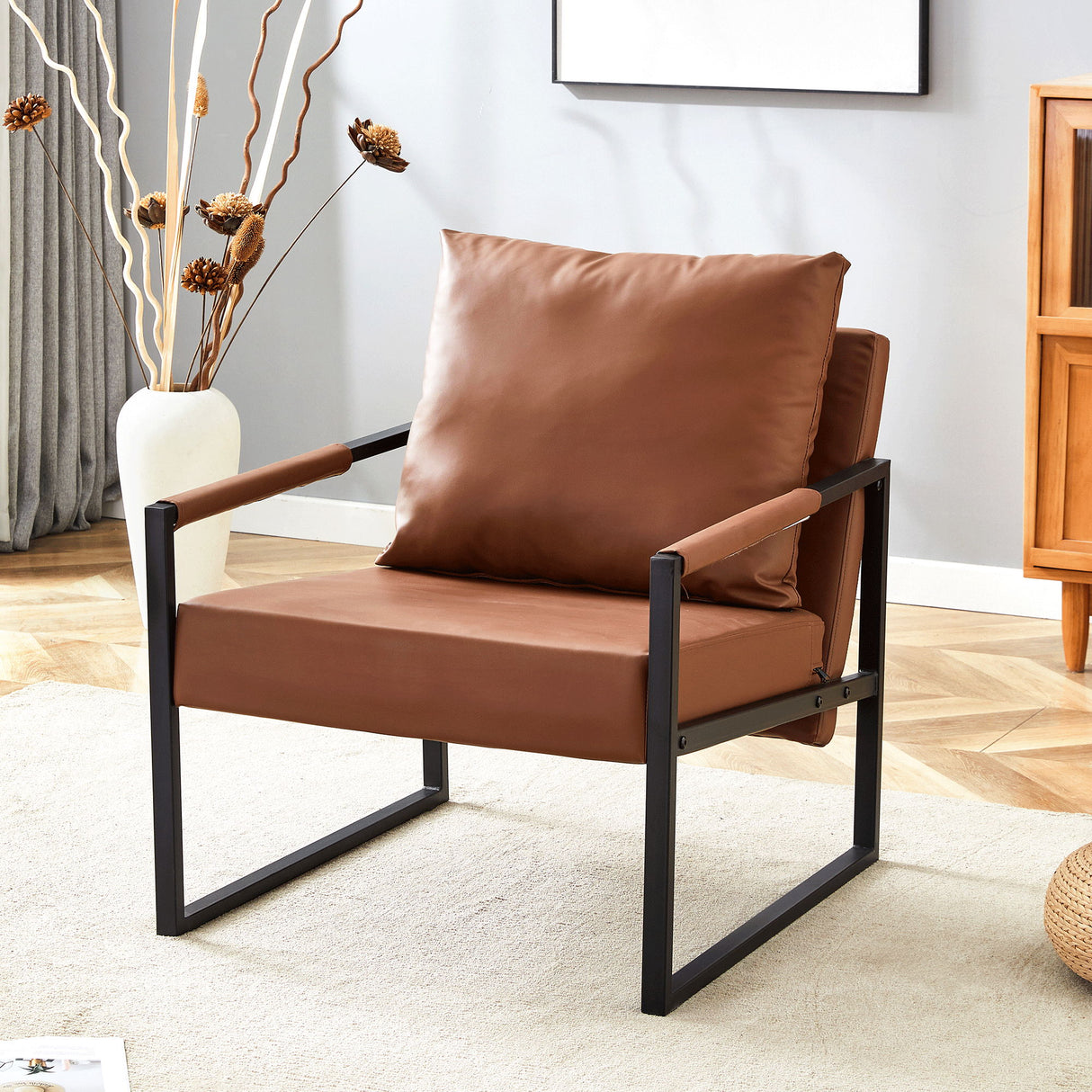 Classic Leather And Metal Frame Sofa, Ergonomically Designed, A Perfect Blend Of Modern And Industrial Styles