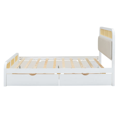 Queen Size Platform Bed With Trundle And 2 Drawers - White