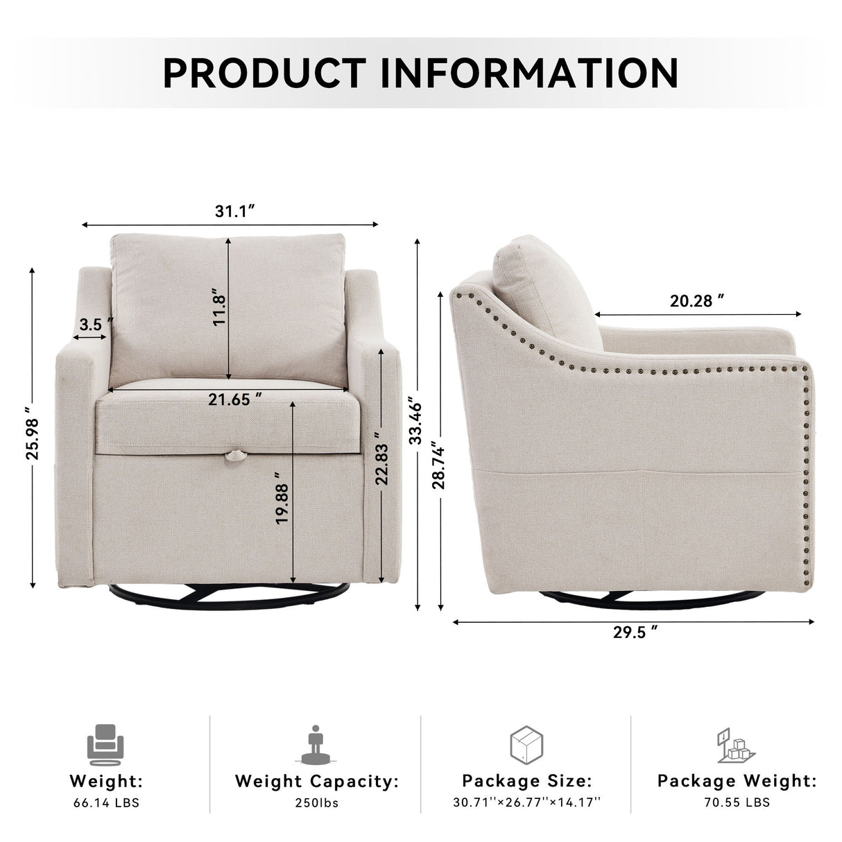 Linen Fabric 360° Swivel Accent Chair With Upholstered Back Pillow And Rivet Armrest