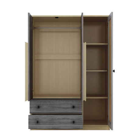 3 Doors Rattan Wardrobe Storage For Bedroom, With 2 Drawers - Gray / Nature