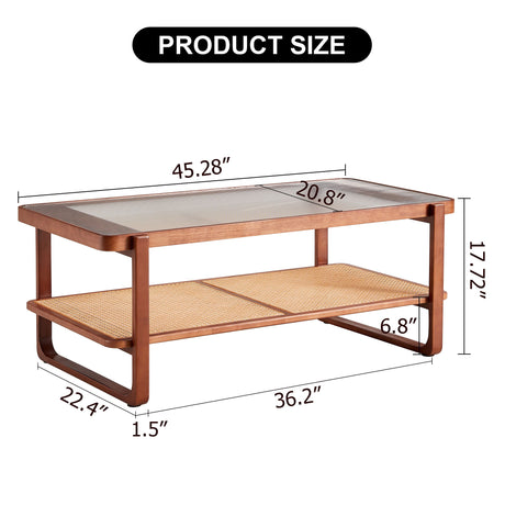 Modern Simple Rectangle Double Layer Solid Wood Glass Desktop Tea Table Rattan Woven Chinese Side Table Small Rectangle Table - Natural Wood