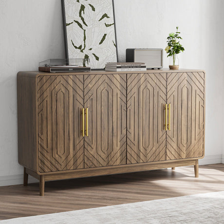 Modern Carved 4 Door Sideboard Buffet Cabinet With Storage, Adjustable Layer Board - Walnut