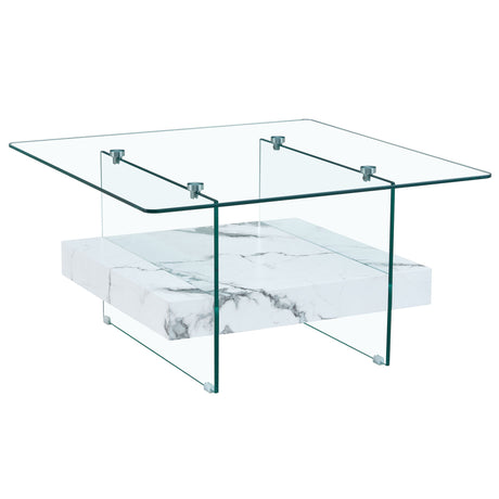 Modern 2 Tier Square Coffee Table, Elegant Marble Pattern