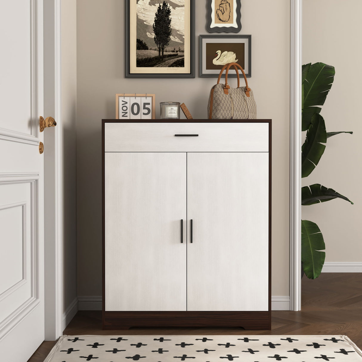 Freestanding Wooden Shoe Cabinet, 4 Tier Organizer With Drawer