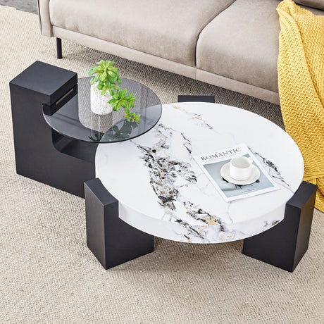 Modern Simple Double Layer Round Coffee Table Transparent Glass Top With L Shaped Legs - White / Black