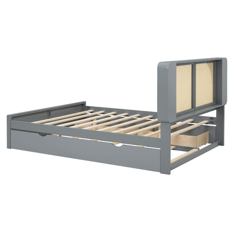 Queen Size Headboard Bed With 2 Drawers And Trundle - Gray