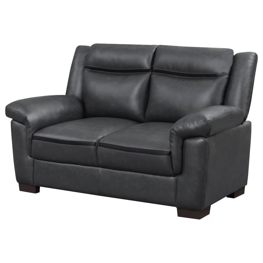 Arabella Upholstered Padded Arm Loveseat – Modern Gray Faux Leather Living Room Seating with Contrasting Stitching and Cozy Cushioned Comfort