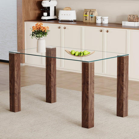 Transparent Tempered Glass Dining Table With Wood Grain Legs - Transparent / Walnut