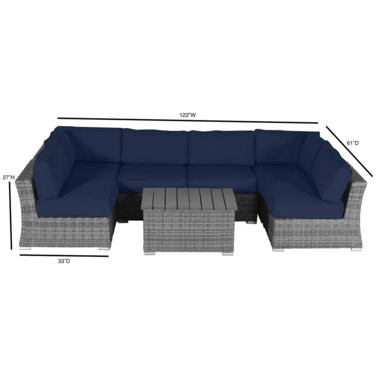 4 Person Wicker Seating Group With Sunbrella Fabric - Gray Mix / Navy Blue