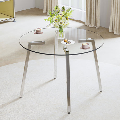 Modern Minimalist Circular Transparent Tempered Glass Table With Metal Legs For Kitchen And Dining Room - Silver / Transparent