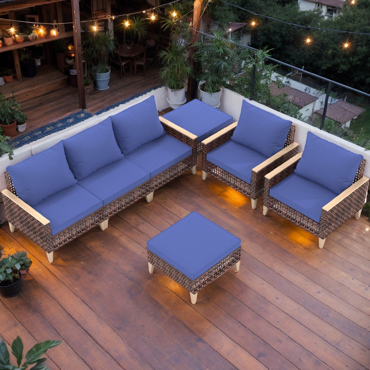 7 Pieces Patio, Wicker Dining Set With Removable Cushions Cotton And Rattan - Blue