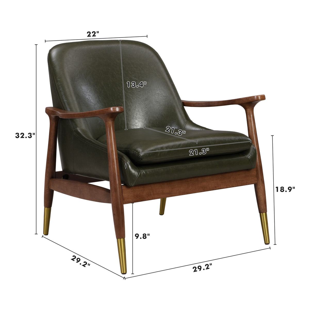 Mid - Century Accent Chair With Cushioned Seat, Brass Tipped Legs