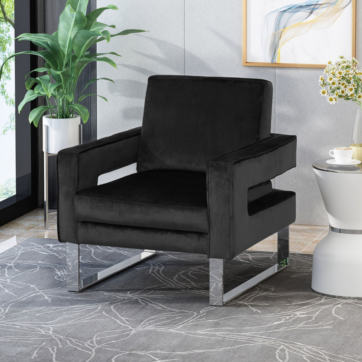 Modern Glam Club Arm Chair With Velvet Upholstery And Stainless Steel Legs - Black