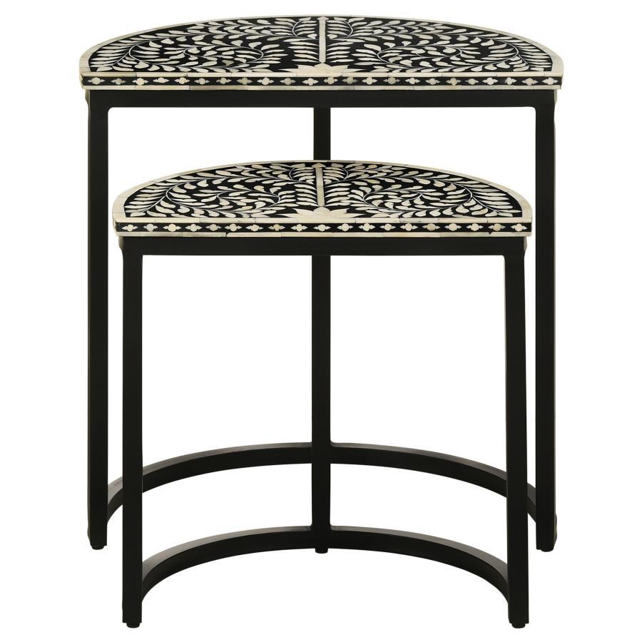 Zakiya 2-Piece Demilune Nesting Table Set in Black & White – Semi-Circle Accent Tables with Bone Inlay, Iron Base, Stylish Living Room Décor