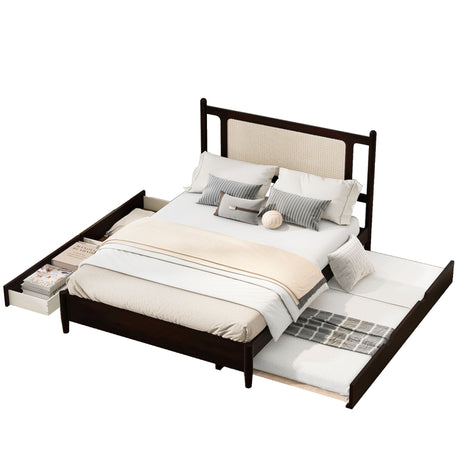Queen Size Platform Bed With 2 Big Drawers Twin Size Trundle - Espresso