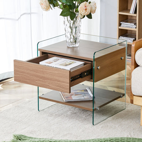 Elegant Bedside Table With Drawers And Transparent Tempered Glass Sides - Wood