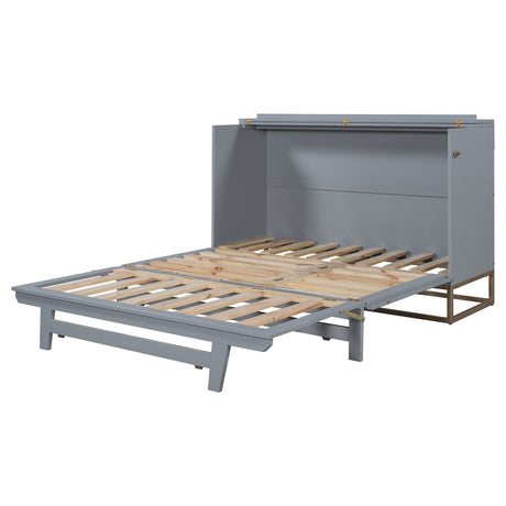 Queen Murphy Bed With Frosted Glass Doors Design, Fake Drawers, Metal Legs - Gray