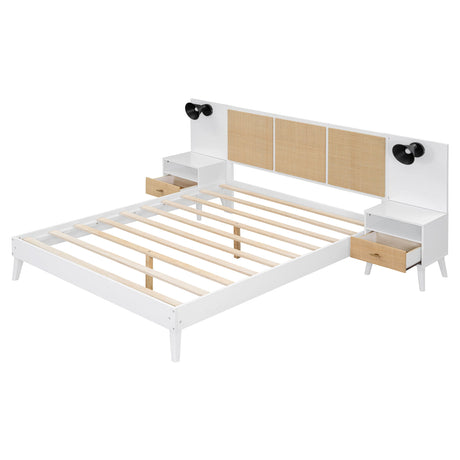 Queen Size Bed Frame With 2 Nightstands Elegant Design With Lamps - White