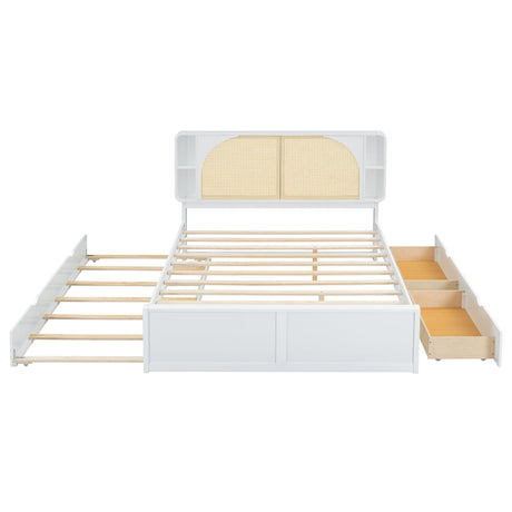 Queen Size Headboard Bed With 2 Drawers And Trundle - White