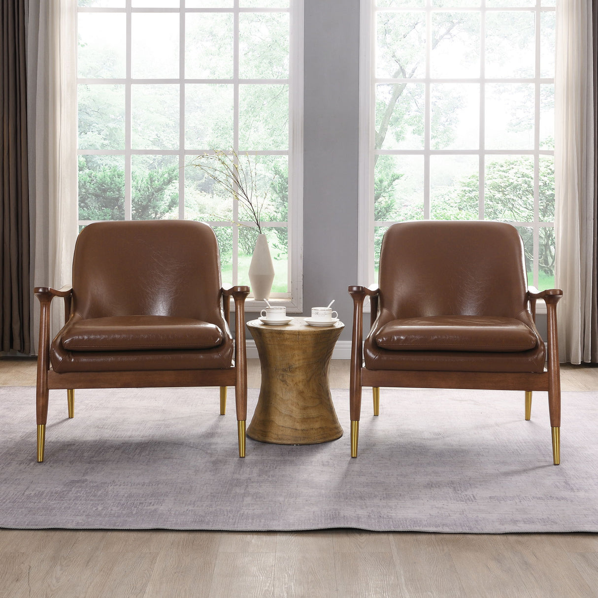 Mid - Century Accent Chair With Cushioned Seat, Brass Tipped Legs