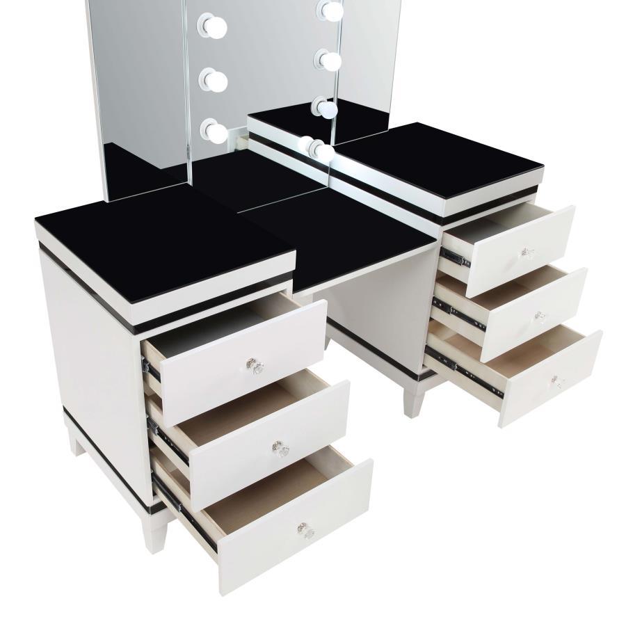 Talei 6-Drawer Vanity Set with Tri-Panel Lighted Mirror, Black & White Modern Glam Makeup Desk with Crystal Knobs and Tapered Legs for Bedroom
