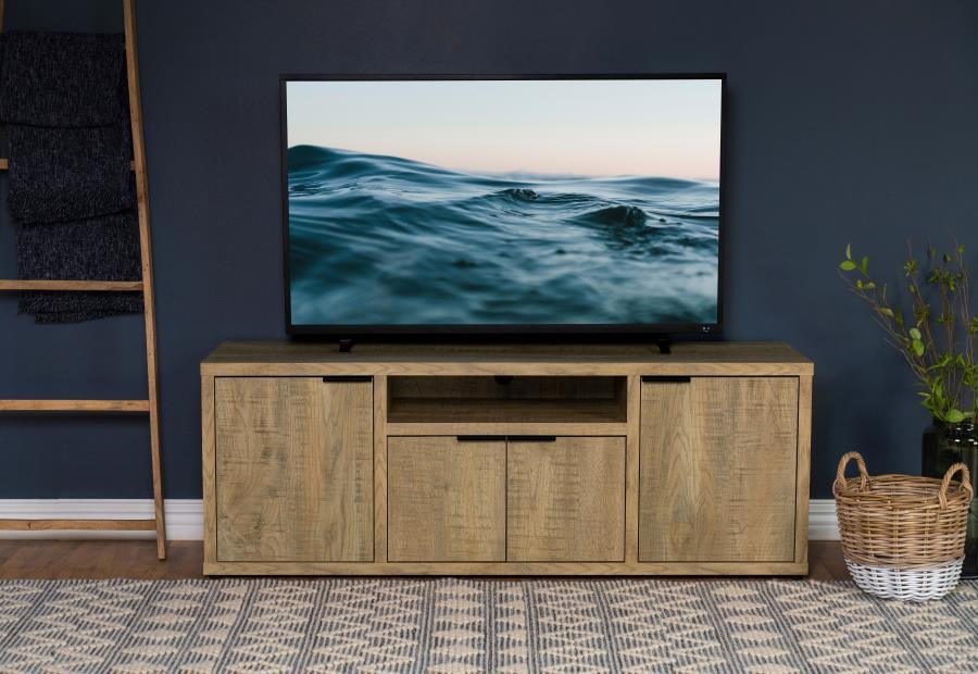 Tabby 4-Door Engineered Wood TV Stand in Mango – Farmhouse Style, Ample Storage, Center Shelf for Media Components, Gaming, and Electronics