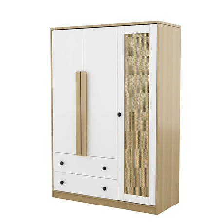 3 Doors Rattan Wardrobe Storage For Bedroom, With 2 Drawers - White / Nature