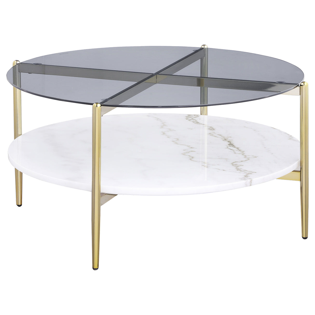 Jonelle - Round Glass Top Coffee Table Marble Shelf - Gold / White