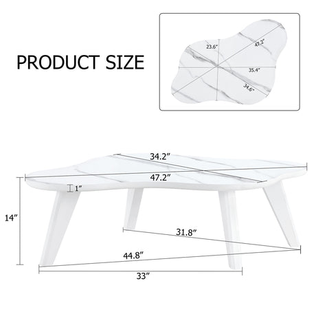 Modern Minimalist Imitation Marble Coffee Table With Solid Wood Legs And Cloud Shape Design - White