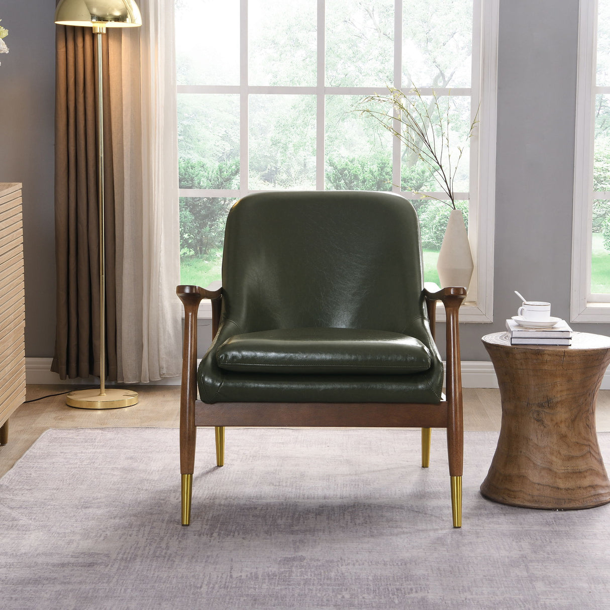 Mid - Century Accent Chair With Cushioned Seat, Brass Tipped Legs