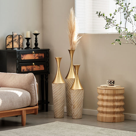 Floor Metal Vase Modern Style Decoration Home Woven Pattern Metal Vase 3 Piece Set Gorgeous Home Decoration Large Glazed Metal Vase - Champagne