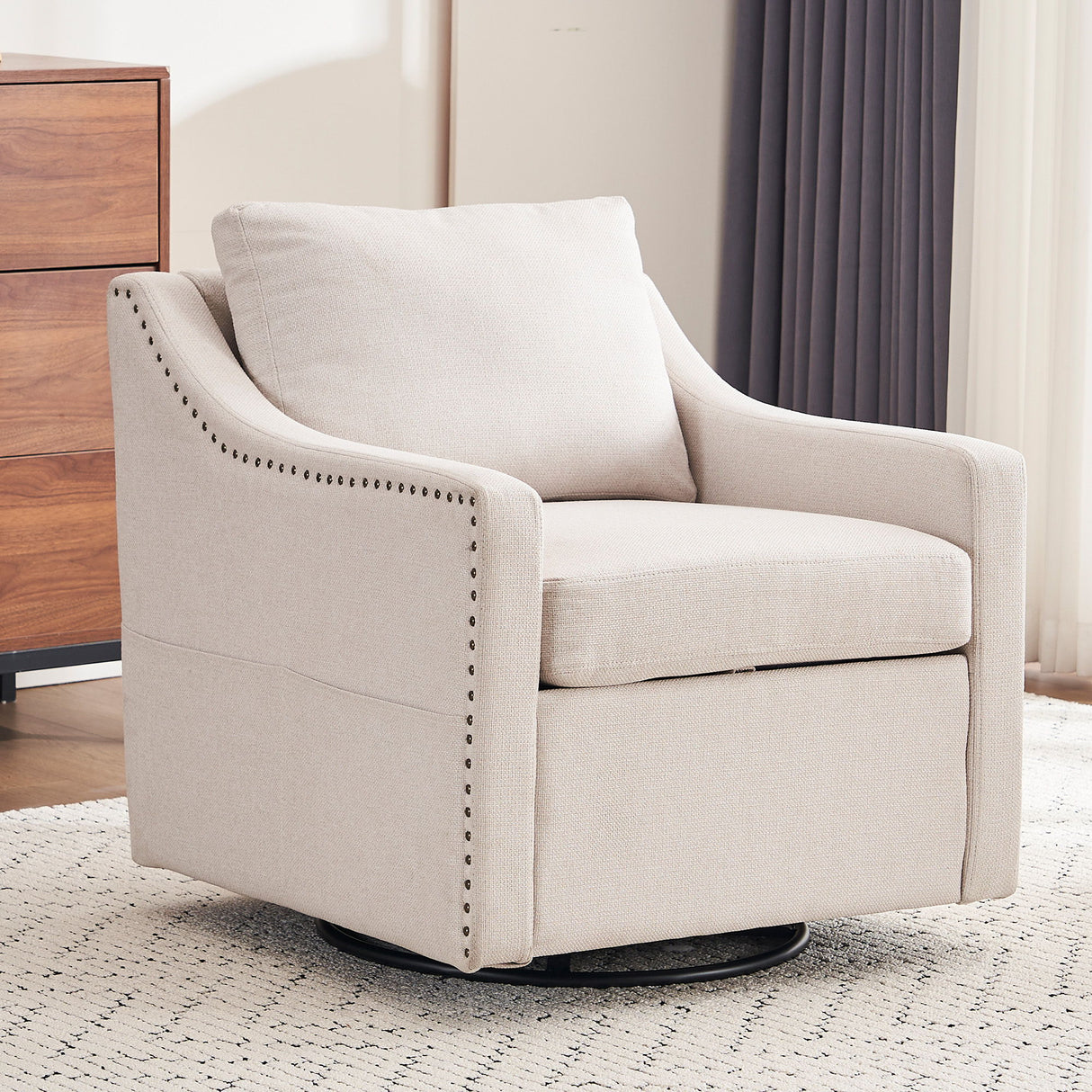 Linen Fabric 360° Swivel Accent Chair With Upholstered Back Pillow And Rivet Armrest