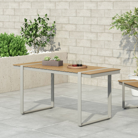 Modern Outdoor Dining Table With Aluminum Frame And Faux Wood Slats