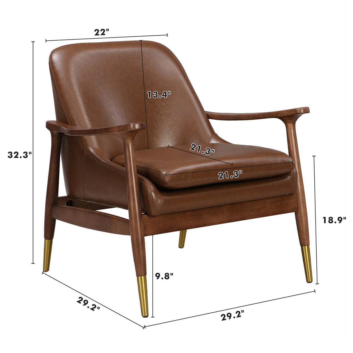 Mid - Century Accent Chair With Cushioned Seat, Brass Tipped Legs