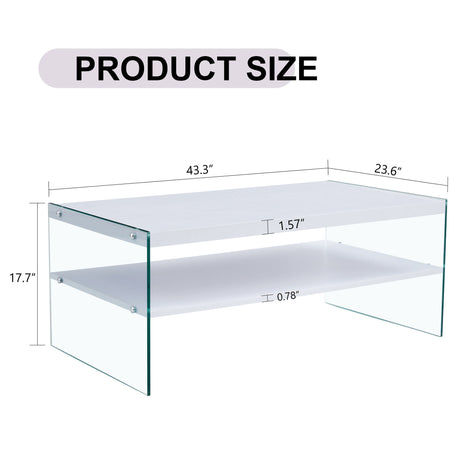 Modern Double Rectangular Coffee Table With Storage Function And Transparent Tempered Glass - White