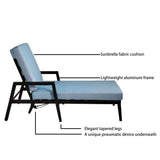 3 Piece Outdoor Patio Lounge Set, 2 Chaise & 1 End Table With Modern Tapered Feet, Pneumatic Adjustable Backrest, Wheels, Sunbrella Cushion - Ember Black / Blue